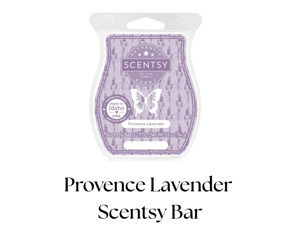 A lavender scented Scentsy wax melt bar in purple packaging with butterfly and floral design, labeled with lavender scent and made in Idaho, USA.