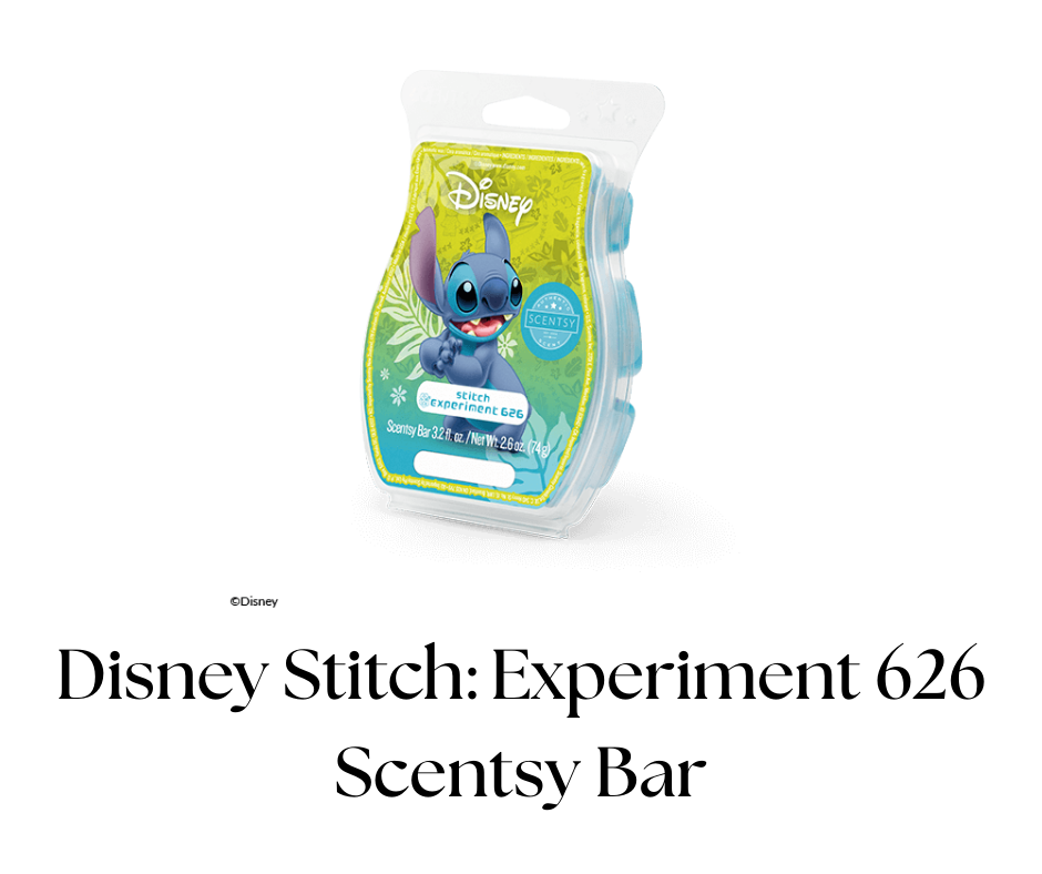 A Disney-themed Scentsy bar with a Stitch character from Lilo & Stitch on the packaging, featuring a blue and green design.
