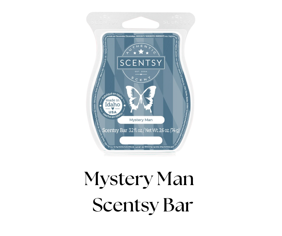 Scentsy scented wax bar package with a blue and white design, featuring a butterfly graphic, the words "Mystery Man," and information about the product being made in Idaho, USA.