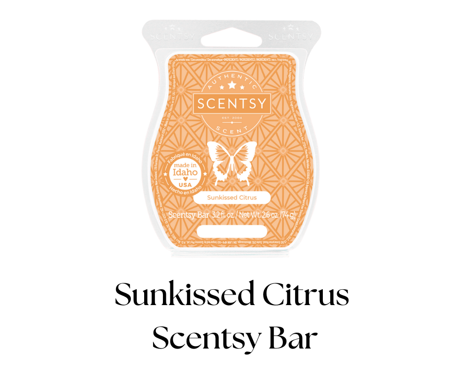 Scentsy Sunkissed Citrus scented wax bar package in orange and white with butterfly design.