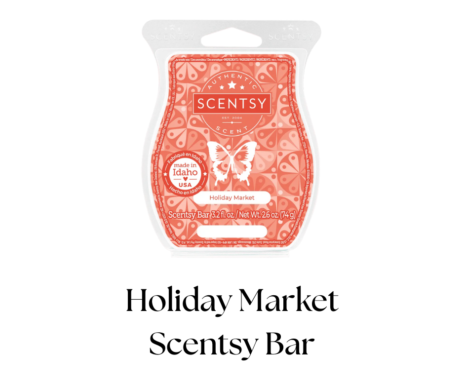 Scentsy holiday scent bar named 'Holiday Market' in a red and white package with a butterfly logo, made in Idaho, USA, containing 3.2 fluid ounces or 74 grams.