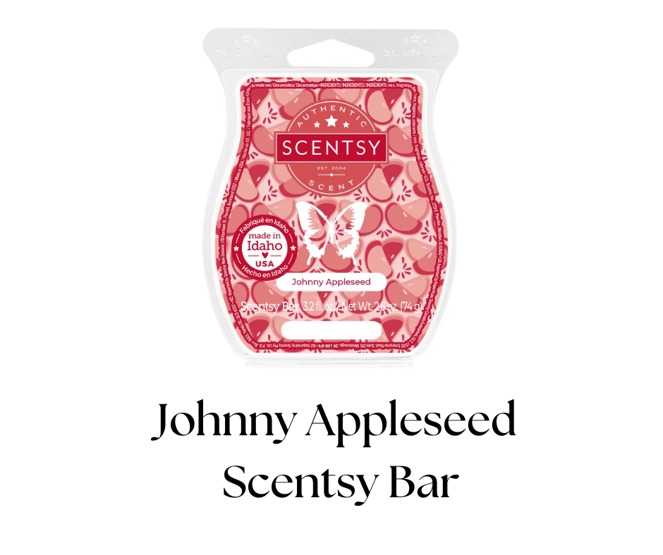 A scented wax melt in a package, labeled 'Scentsy' with a butterfly logo, featuring a pink and red pattern with various shapes, and the scent name 'Johnny Appleseed'.