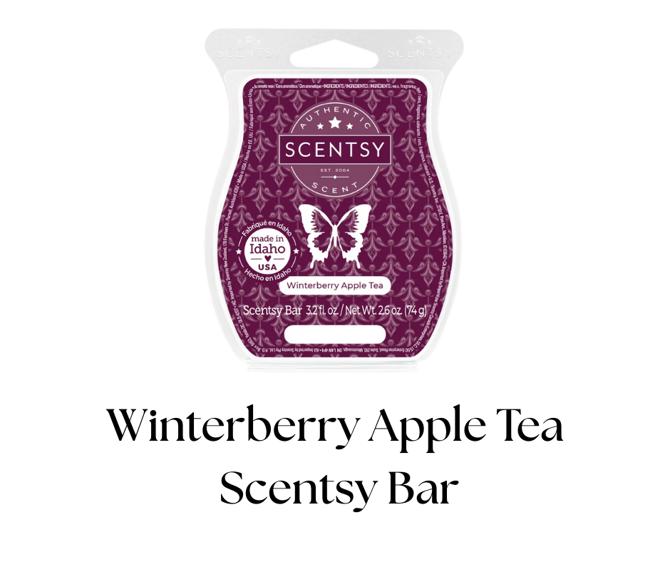 Scentsy bar packaging for Winterberry Apple Tea, purple and white design with a butterfly, indicating it is made in Idaho, USA.