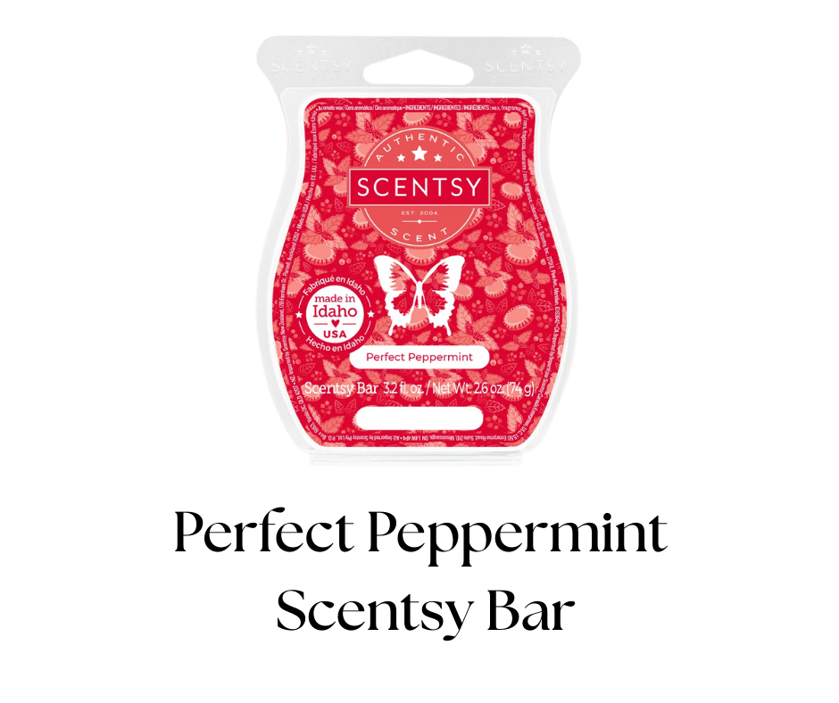 A red and white Scentsy scent bar package labeled 'Perfect Peppermint' with a butterfly logo, indicating it is made in Idaho, USA.