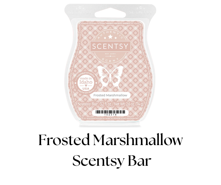 A Scentsy scented wax bar in frosted marshmallow scent with pink and white packaging, featuring a butterfly design, made in Idaho, USA, with a barcode at the bottom.