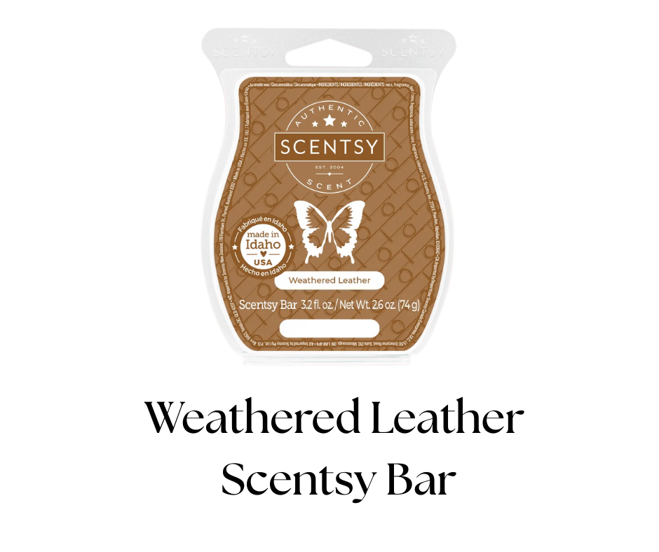 Scentsy bar in weathered leather scent with butterfly logo, made in Idaho, USA, package containing 3.2 fluid ounces.