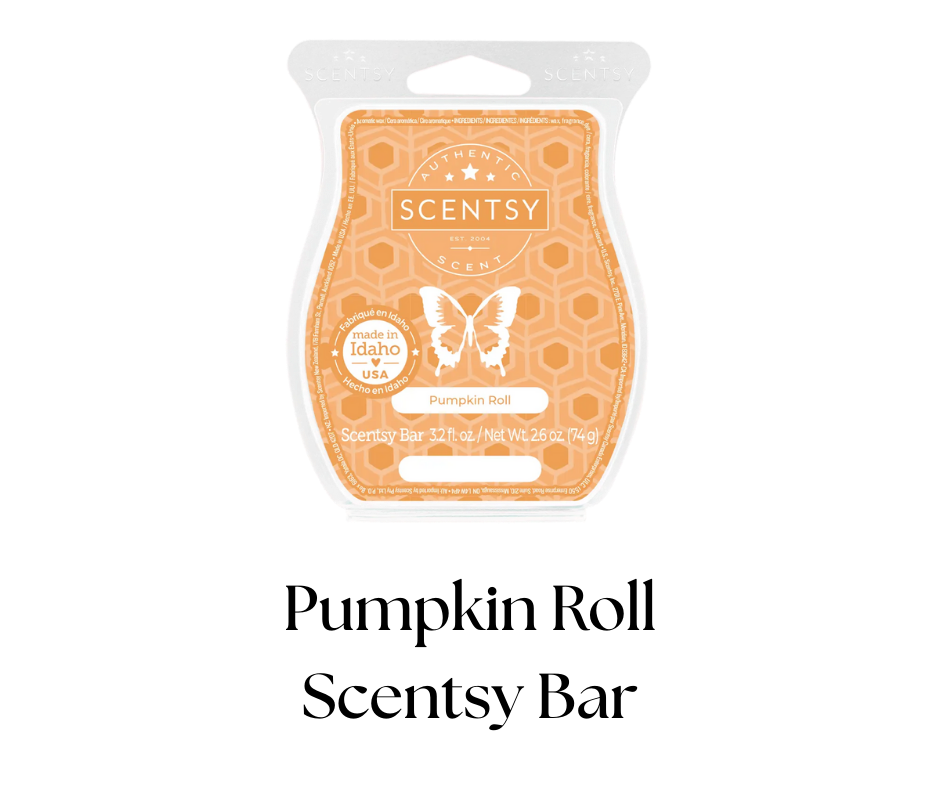 Scentsy Pumpkin Roll scented wax melt package with honeycomb design and butterfly logo, indicating it is made in Idaho, USA.