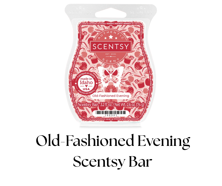 Scentsy decorative wax bar package with a butterfly logo, labeled as Old-Fashioned Evening, made in Idaho, USA, containing 3.2 fluid ounces, with a floral and perfume scent pattern in red and white colors.