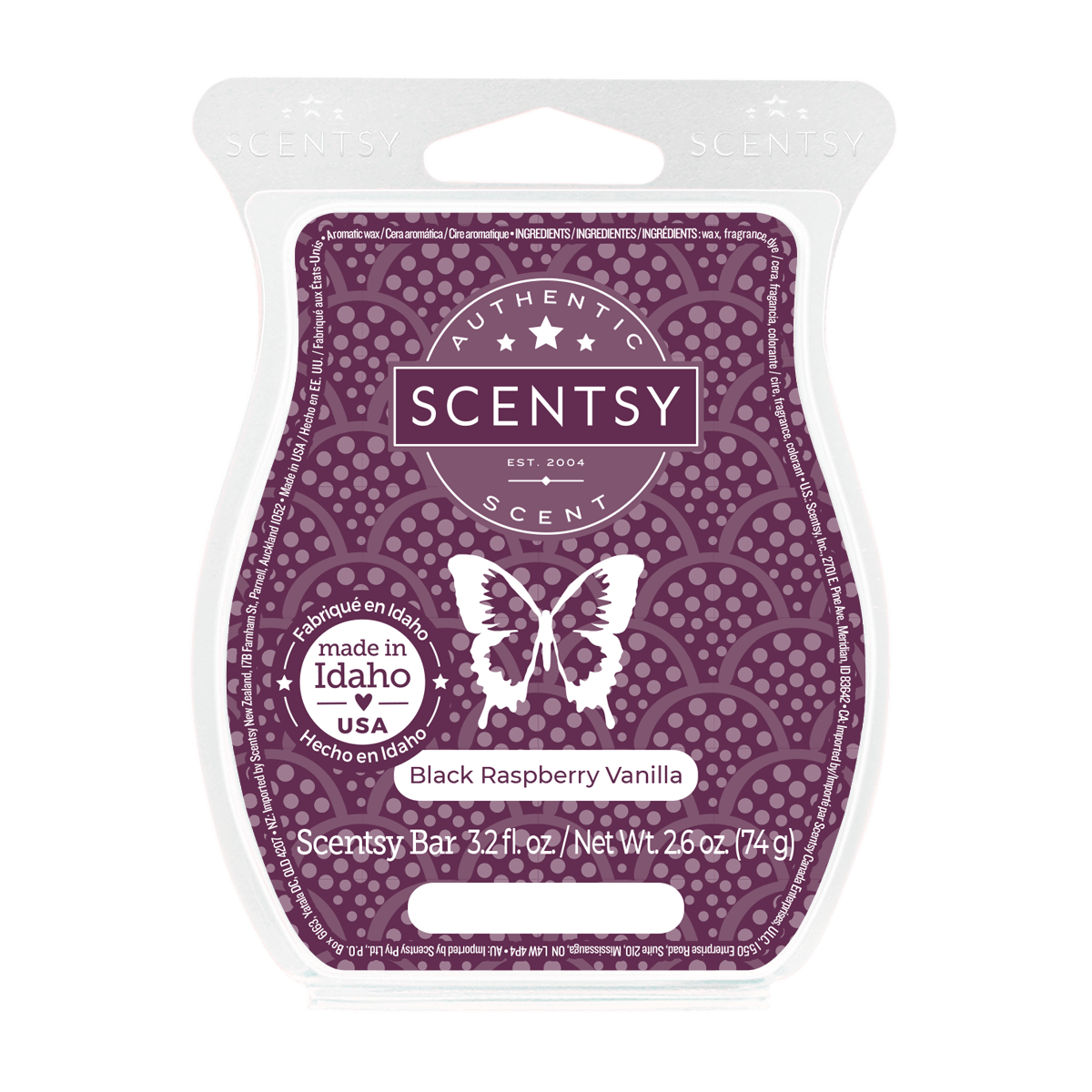 A purple and white scented wax bar package with a butterfly logo, labeled 'Scentsy', 'Black Raspberry Vanilla', and indicates it's made in Idaho, USA.