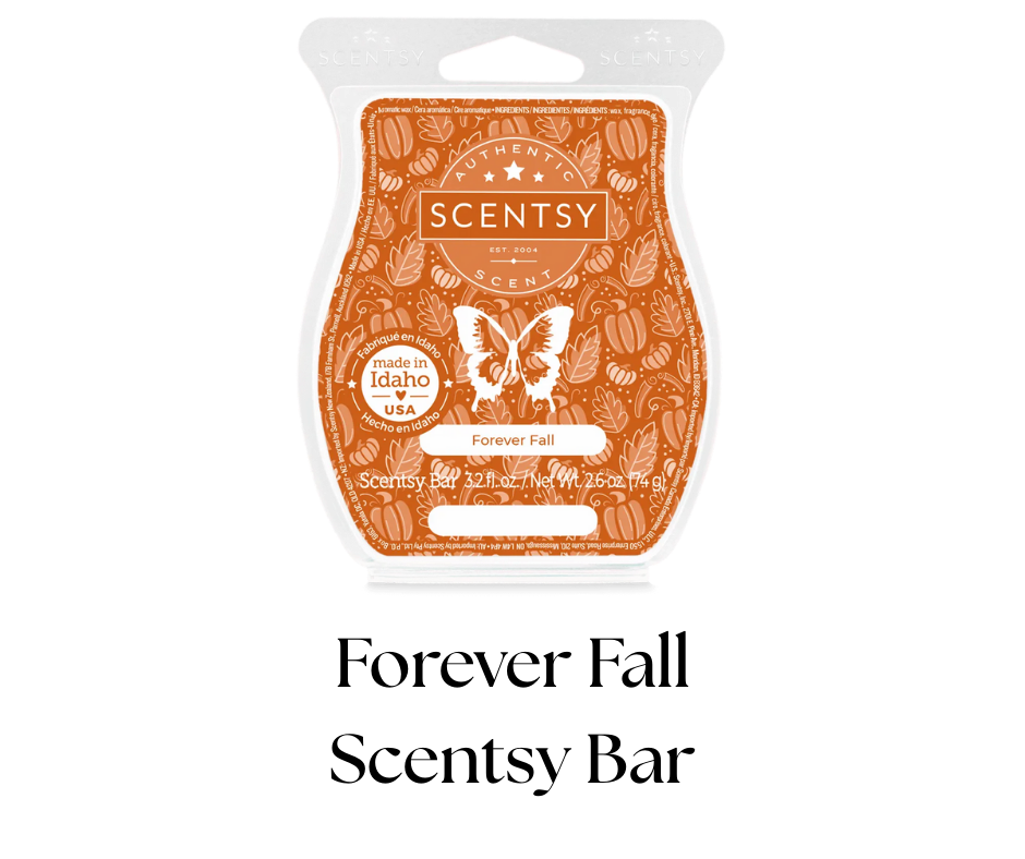 A Scentsy scented wax bar package labeled 'Forever Fall' with an orange background, white butterfly graphic, and Autumn leaf and pumpkin illustrations.
