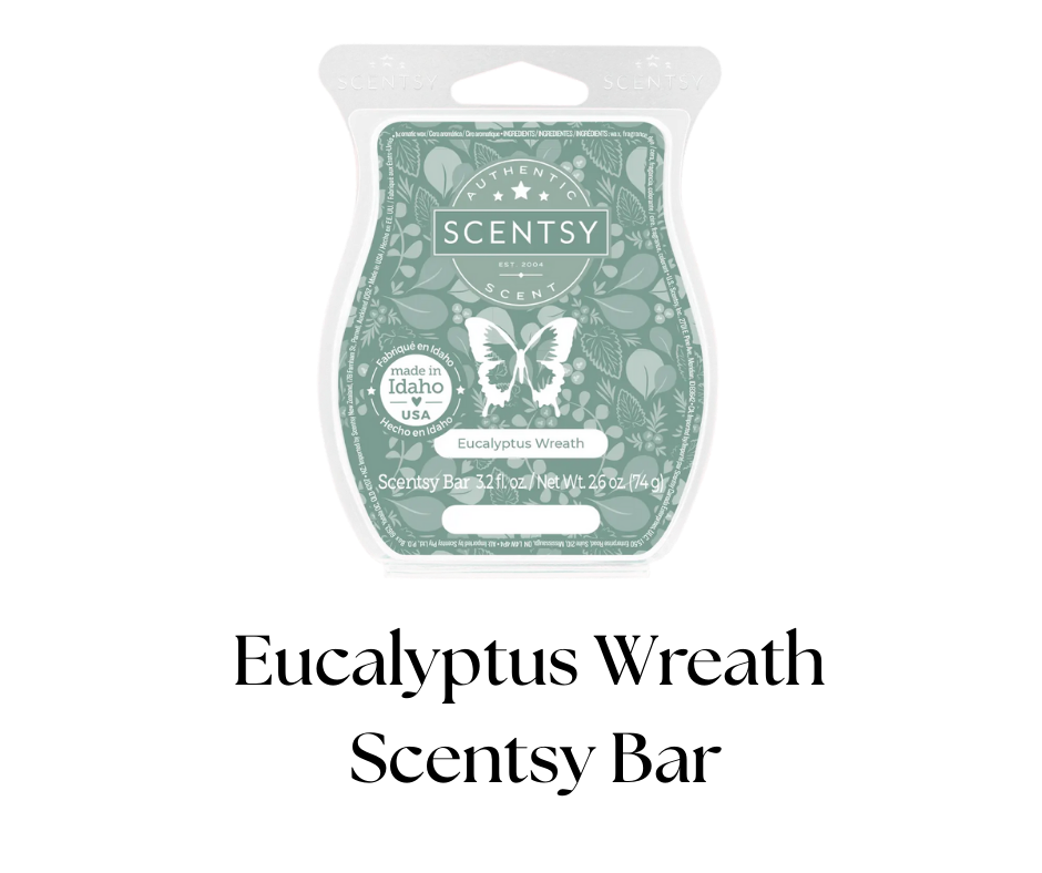A Scentsy wax melt bar package in a butterfly design with green and white colors, labeled Eucalyptus Wreath scent, made in Idaho, USA, with net weight of 2.6 ounces.