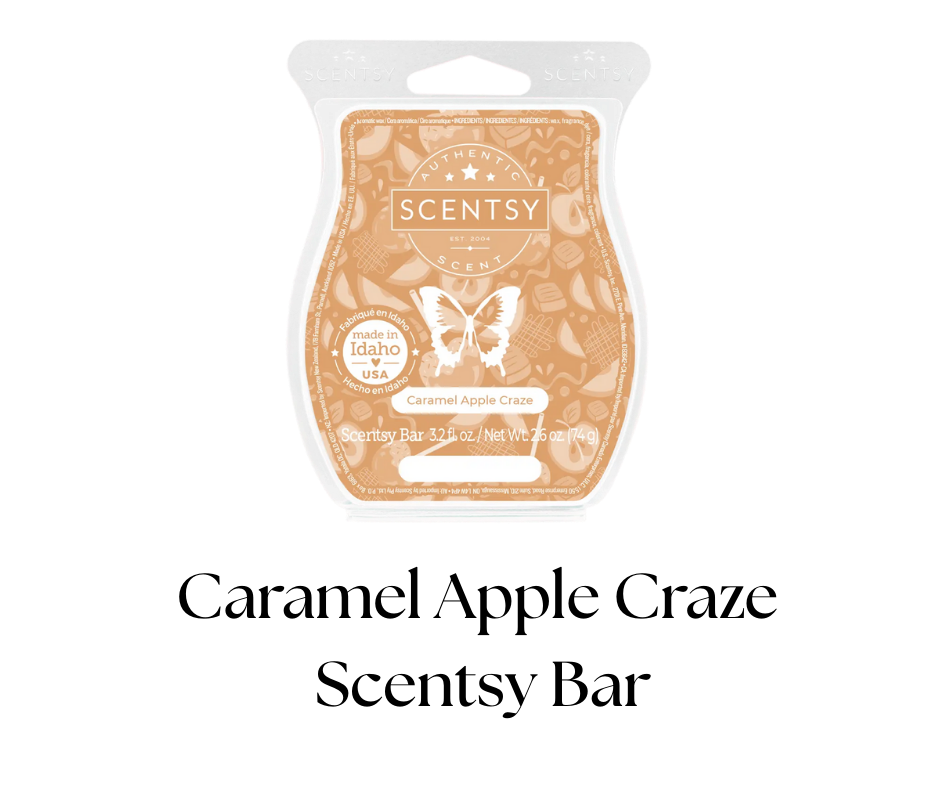A Scentsy Bar in the caramel apple craze scent, featuring a butterfly logo, made in Idaho, USA, in orange packaging with a white butterfly image and various scent-related graphics in the background.