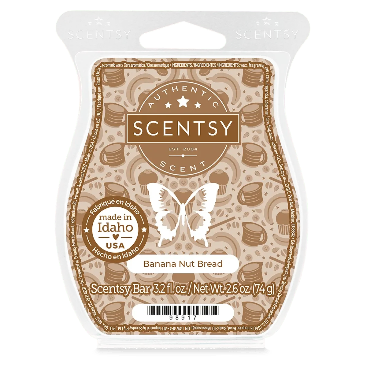 Scentsy banana nut bread scented bar packaging featuring a butterfly, cupcake illustrations, and a label indicating it is made in Idaho, USA, with a scent description of banana nut bread.
