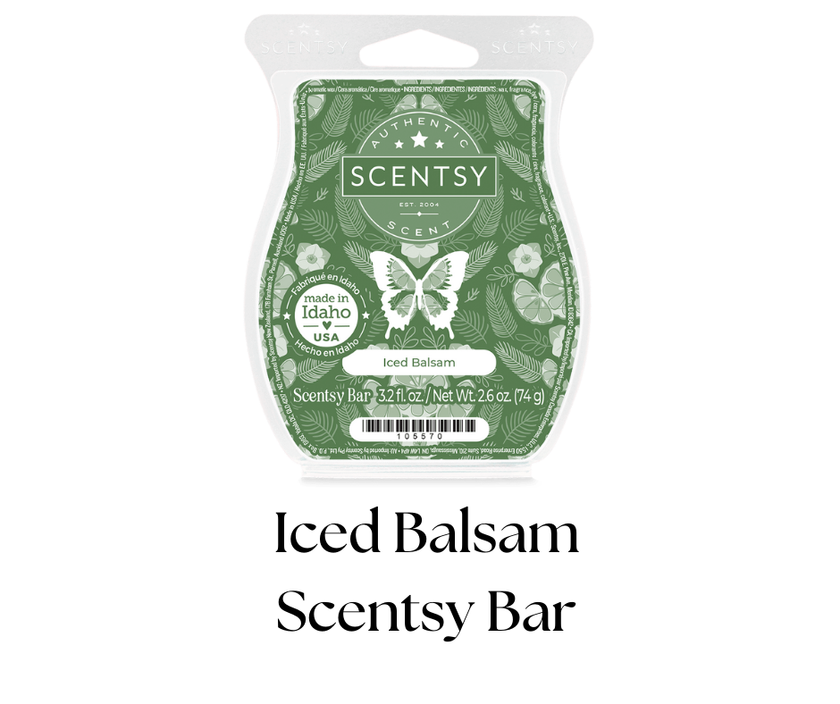 A scented wax bar package from Scentsy in the scent Iced Balsam, labeled as made in Idaho, USA, with green and white decorative packaging featuring a butterfly and botanical illustrations.