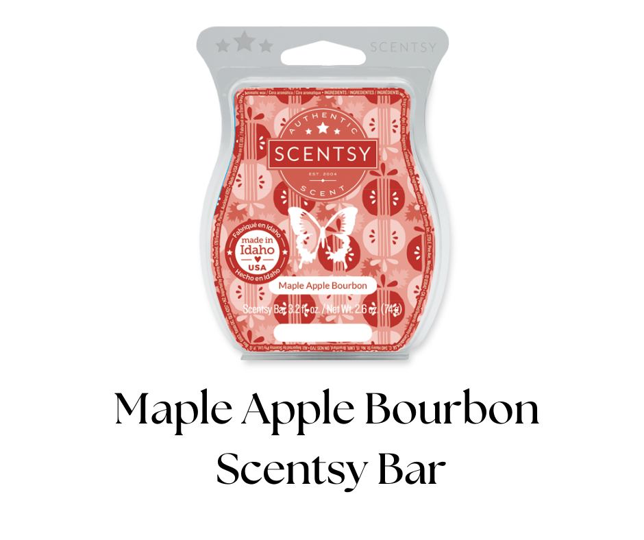A Scentsy wax melt package with a red and pink apple and maple leaves pattern, labeled 'Maple Apple Bourbon' and 'Made in Idaho, USA.'