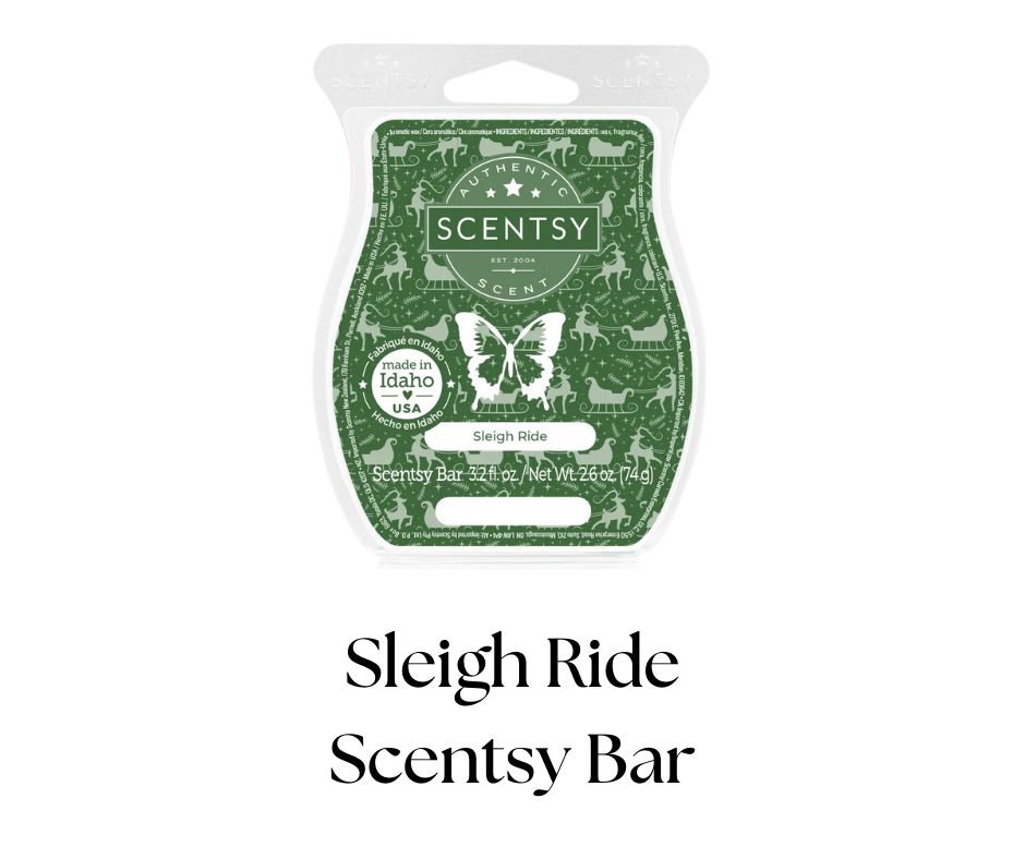 Scentsy scent bar in green packaging with white butterfly and various animal silhouettes, labeled 'Sleigh Ride' and 'made in Idaho, USA.'