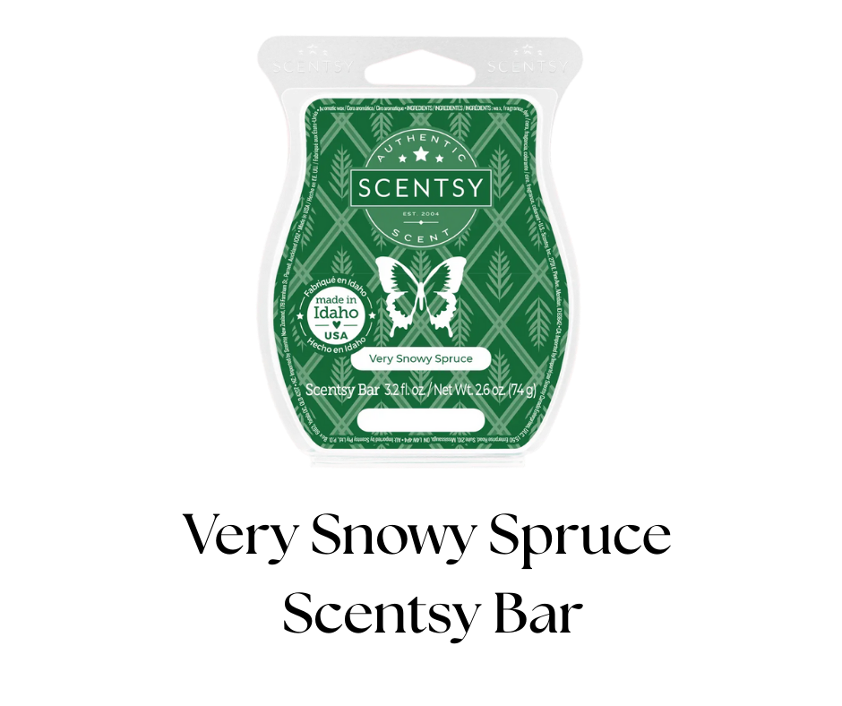 A Scentsy wax bar in green packaging labeled 'Very Snowy Spruce' with a butterfly logo, made in Idaho, USA.