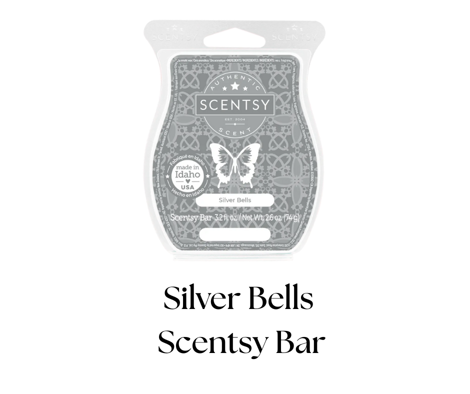 Package of Scentsy Silver Bells scented wax bar with butterfly logo and Idaho USA label