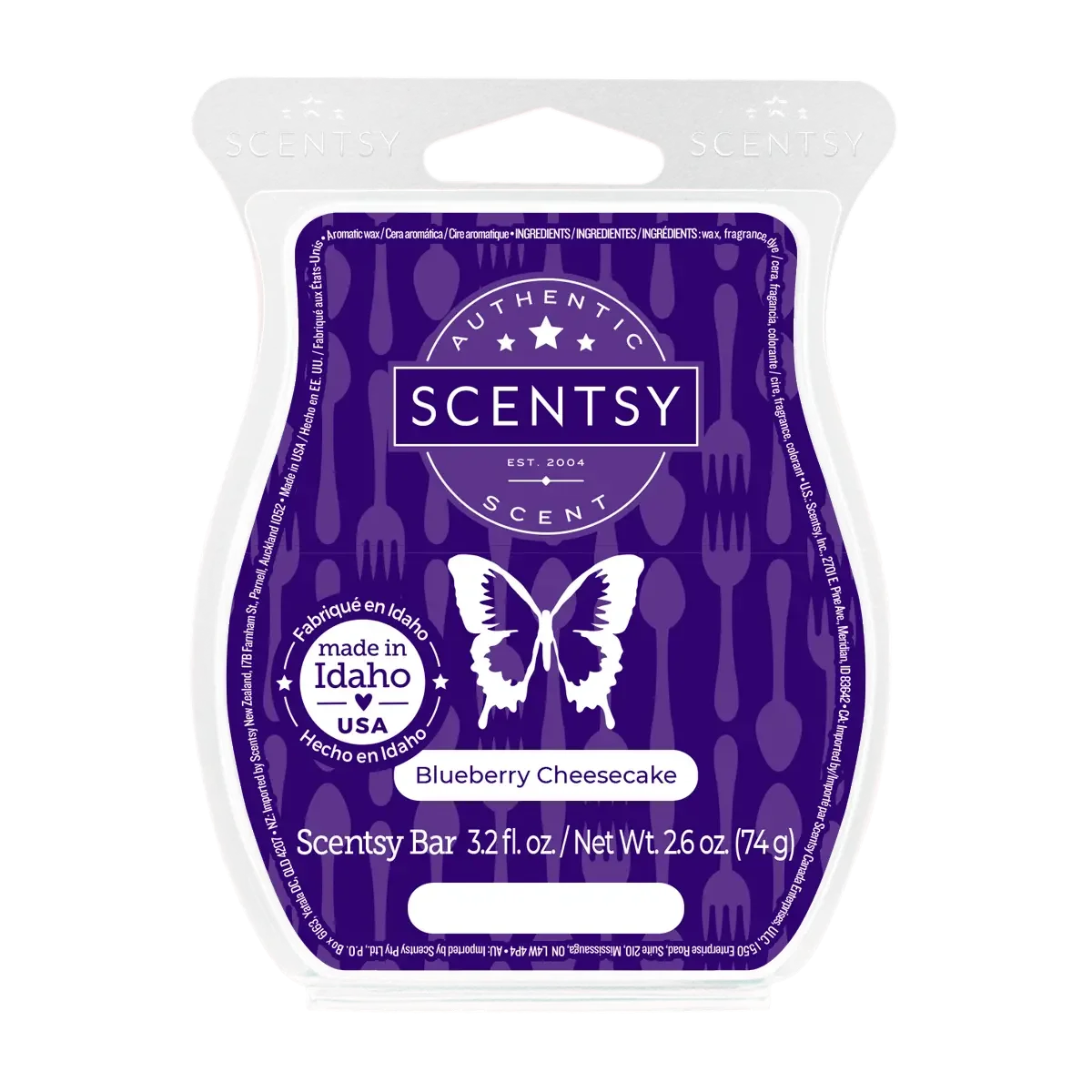 Scentsy Blueberry Cheesecake scented wax bar packaging with purple background, white text, and a butterfly logo.