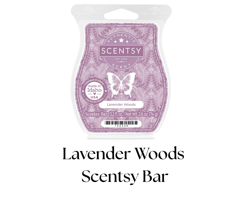 A lavender-scented Scentsy wax bar package with a purple floral background and a white butterfly design in the center. The label indicates it is Lavender Woods scent, 3.2 fluid ounces, made in Idaho, USA.