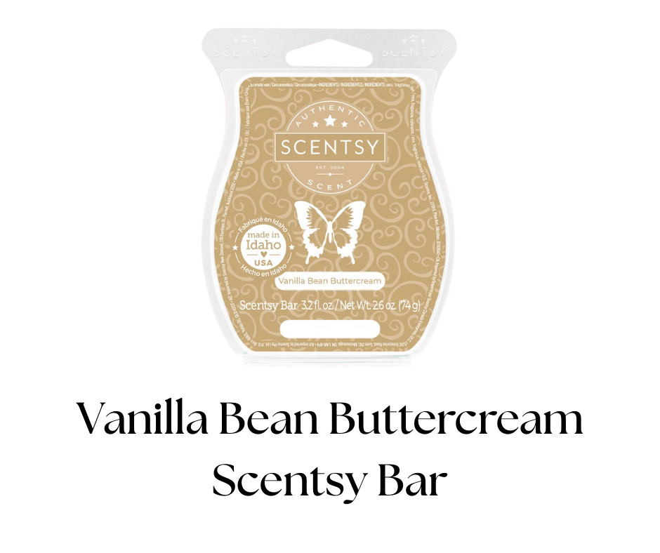 A Scentsy vanilla bean buttercream scented wax bar package with a butterfly logo, made in Idaho, USA, on a black background.