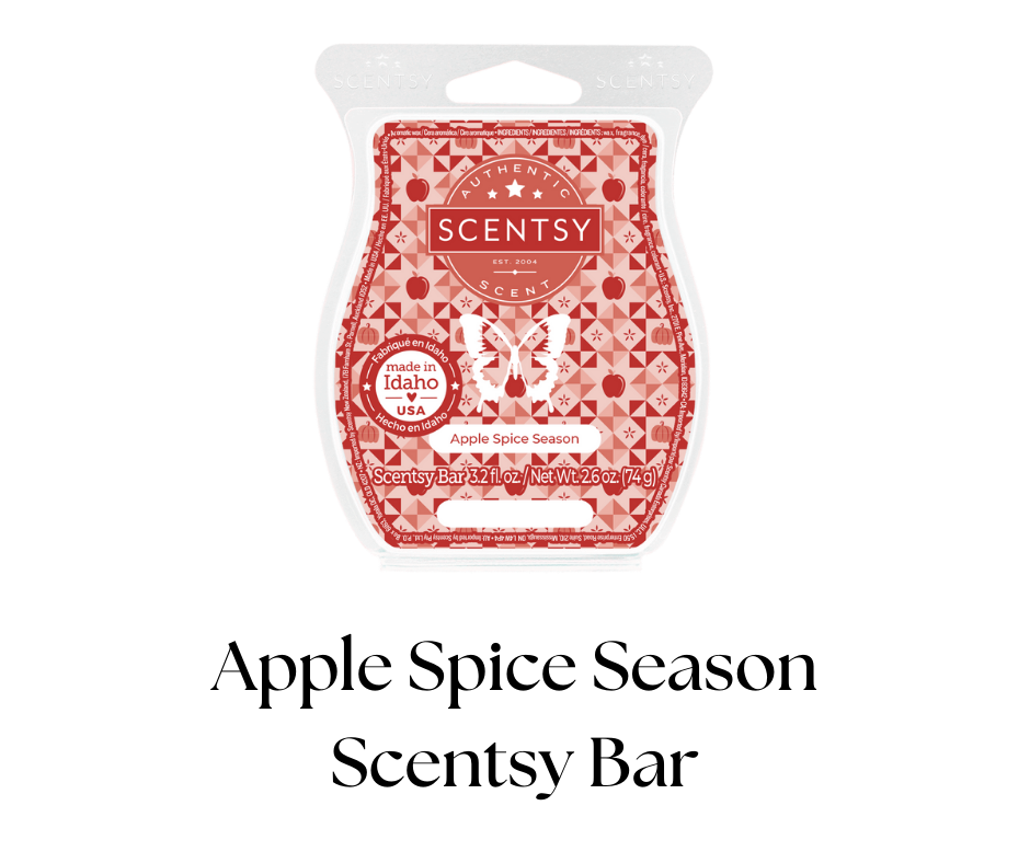 Scentsy bar packaging with a red and white geometric design, butterfly and apple illustrations, and text indicating it's an Apple Spice Season scent made in Idaho, USA, with a net weight of 2.6 ounces.