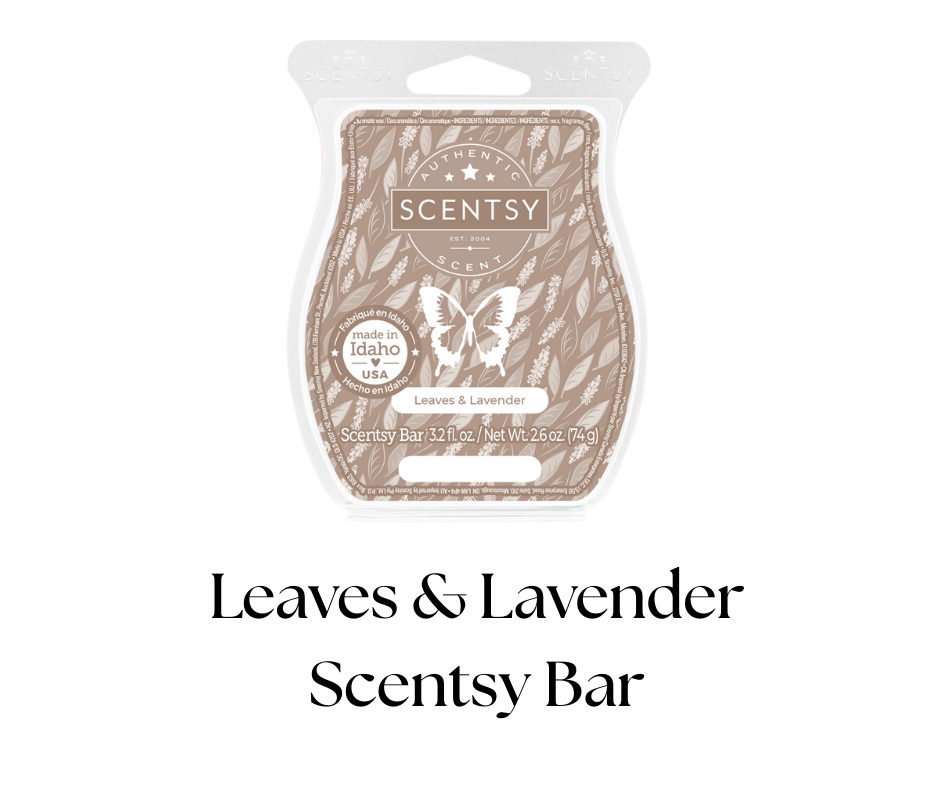 Scentsy Bar with Leaves & Lavender scent in a packaged wax melt bar designed for warming.