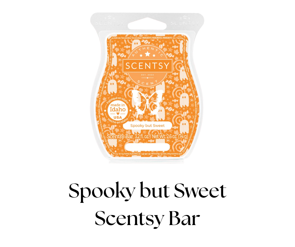 Scentsy air freshener in orange and white packaging with ghost and butterfly illustrations, labeled "Spooky but Sweet," emphasizing a Halloween theme.