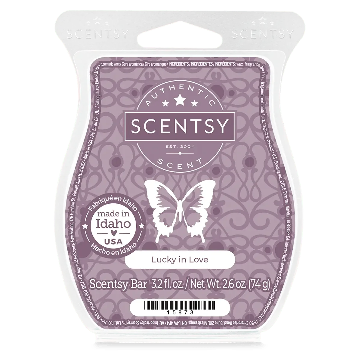Scentsy Scenty Bar labeled 'Lucky in Love' in purple with a butterfly graphic and decorative background.