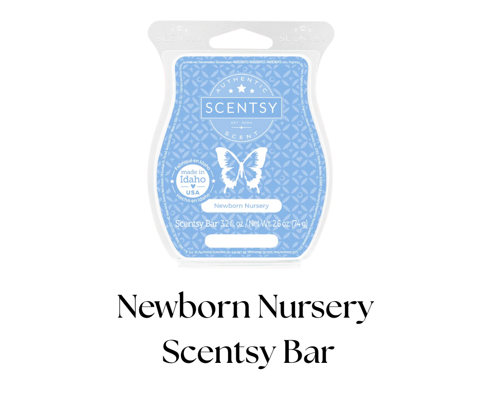 Blue and white Scentsy wax bar packaging labeled 'Newborn Nursery' with a butterfly graphic.