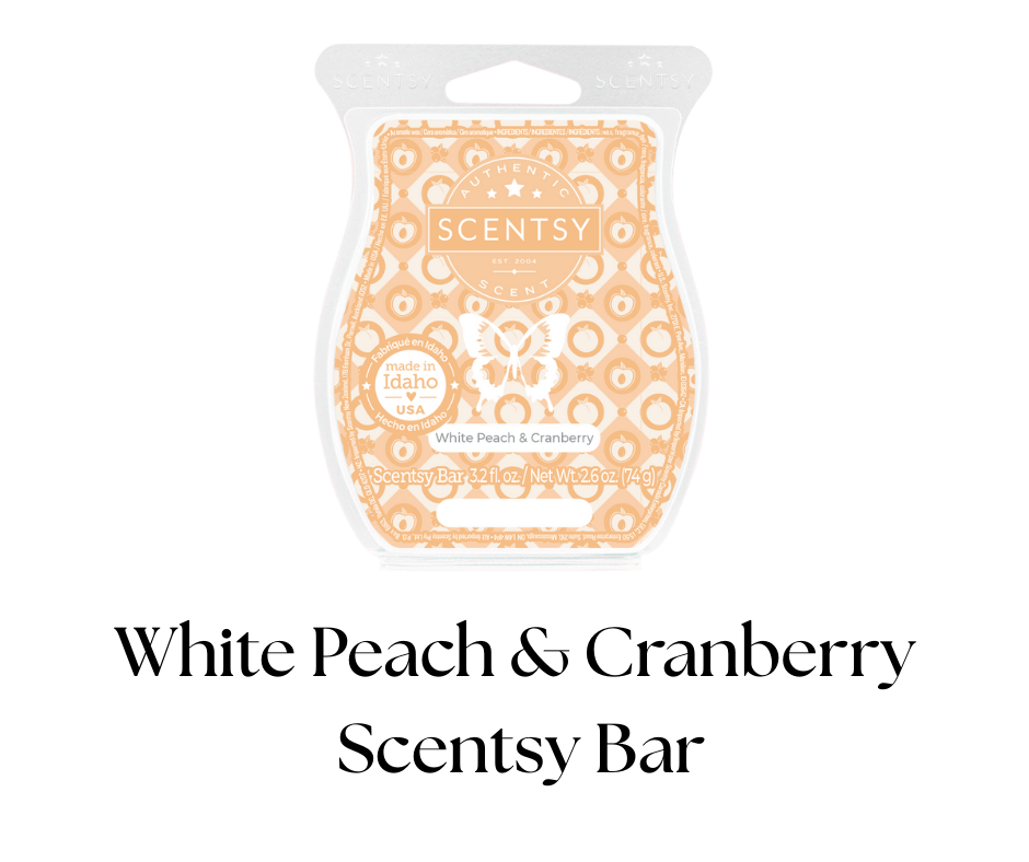 Scentsy bar package in peach and cranberry scent with white background and orange pattern.