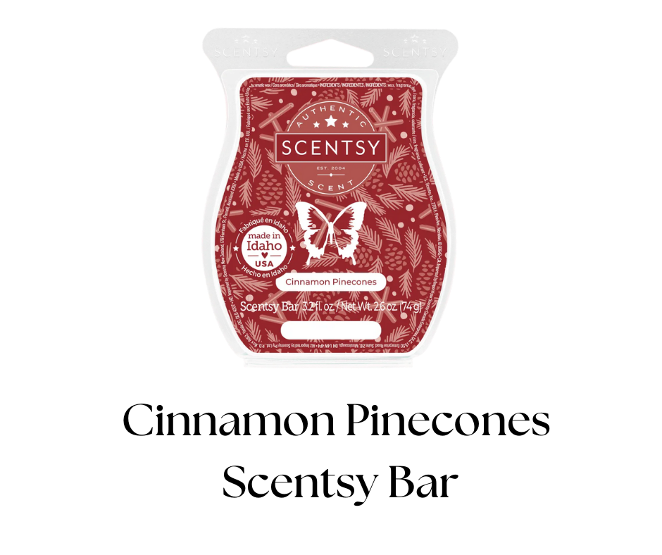 Cinnamon Pinecones scented Scentsy bar package with butterly design, made in Idaho USA, containing 3.2 fluid ounces or 74 grams