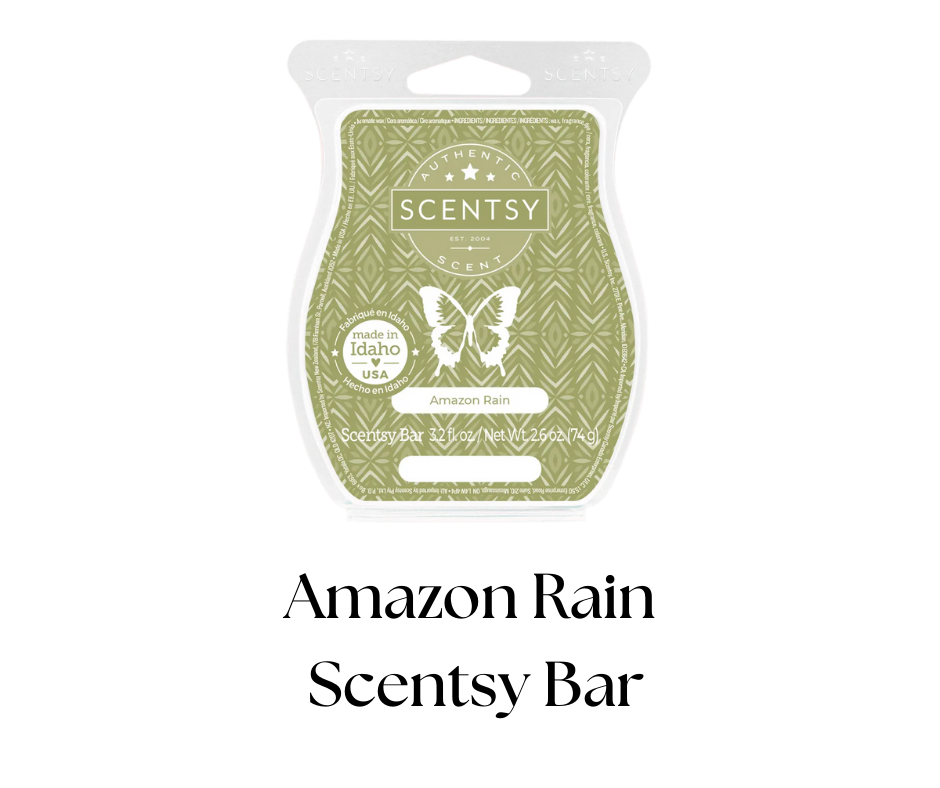 A Scentsy bar package with a green label labeled 'Amazon Rain' with a butterfly illustration, indicating it is made in Idaho, USA, weighing 3.2 fluid ounces or 74 grams.