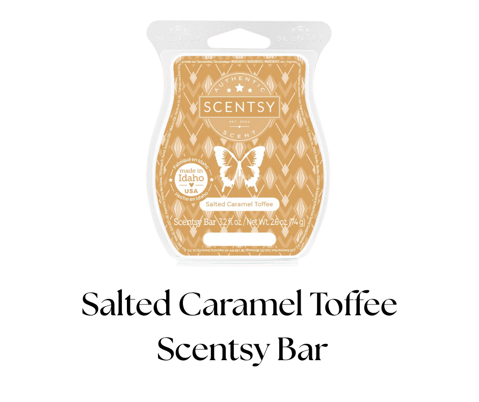 Scentsy scented wax bar labeled Salted Caramel Toffee from Idaho, USA, with a butterfly logo, net weight 2.6 ounces.