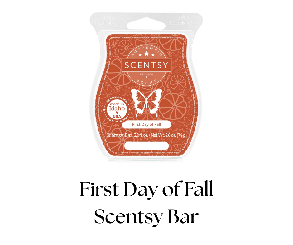 Scentsy wax bar packaging with a pumpkin design, butterfly logo, and fall theme, labeled 'First Day of Fall' and 'made in Idaho USA'.