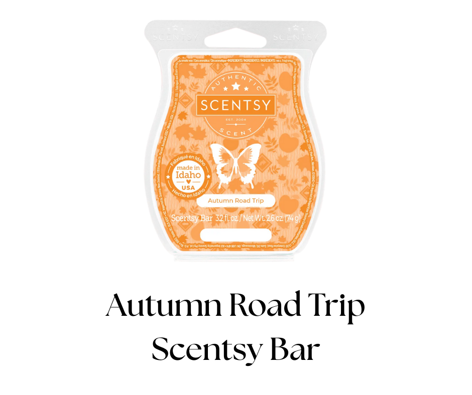 A Scentsy scented wax bar in orange packaging with autumn leaves and pumpkin design, labeled 'Autumn Road Trip', made in Idaho, USA.