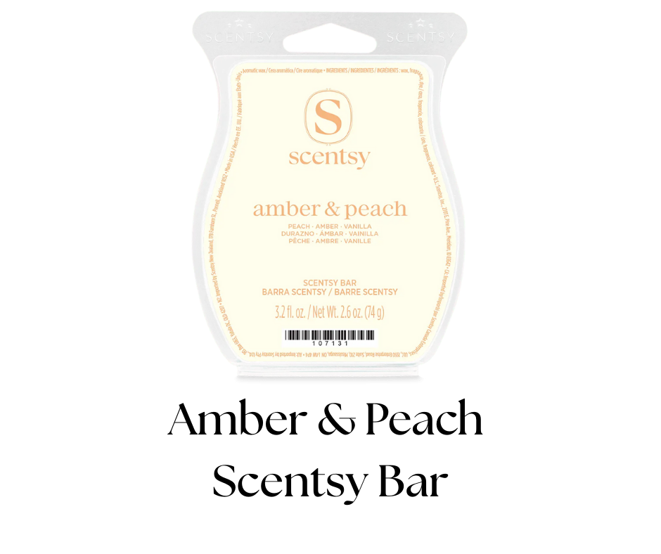 Scentsy bar package for amber & peach scent with net weight of 3.2 fluid ounces.