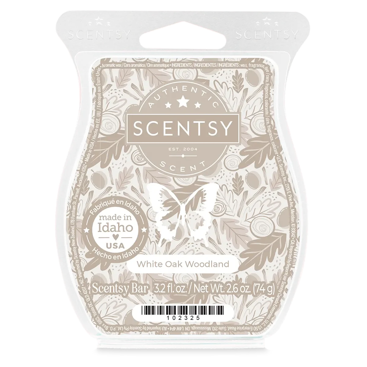 Scentsy brand wax melt bar in White Oak Woodland scent with floral and butterfly design on packaging, made in Idaho, USA.