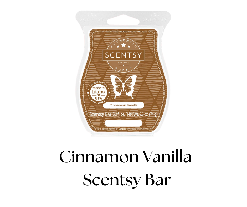 A Scentsy Cinnamon Vanilla scented wax melt bar in a clear plastic packaging with a brown and white label featuring a butterfly logo, Idaho USA origin, and product details.