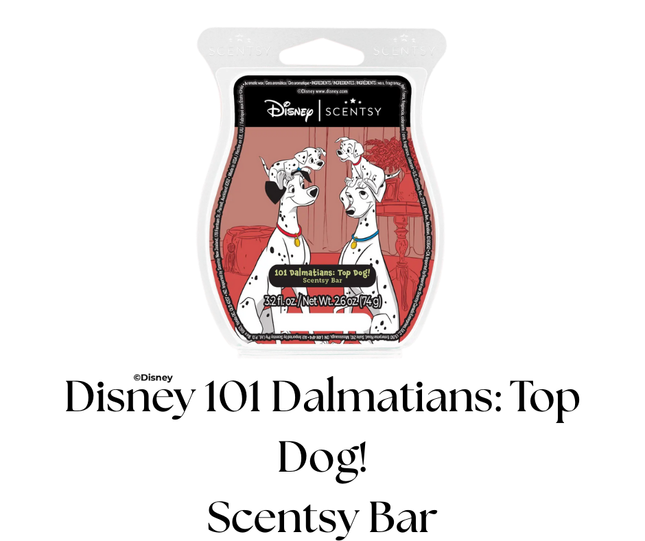 Scentsy bar packaging featuring Disney's 101 Dalmatians with illustrations of Dalmatian dogs in a living room setting.