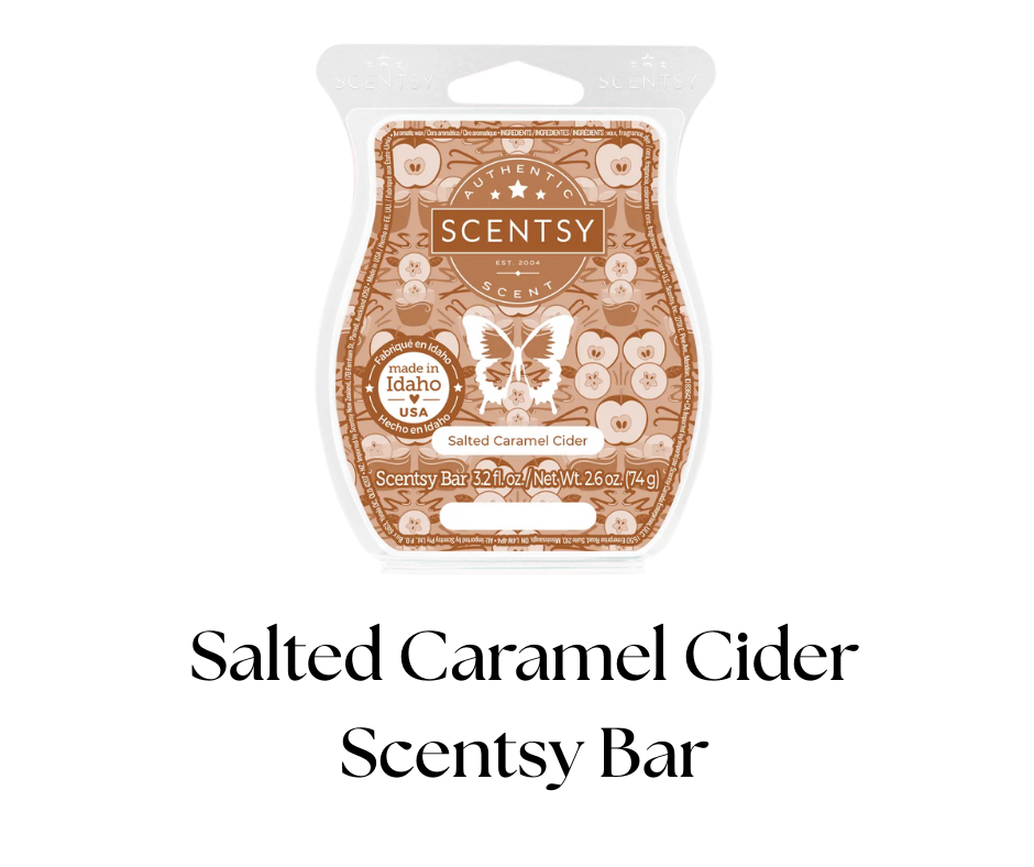 Scentsy salted caramel cider scented bar in a decorative, honey-colored package with a butterfly logo, made in Idaho USA.