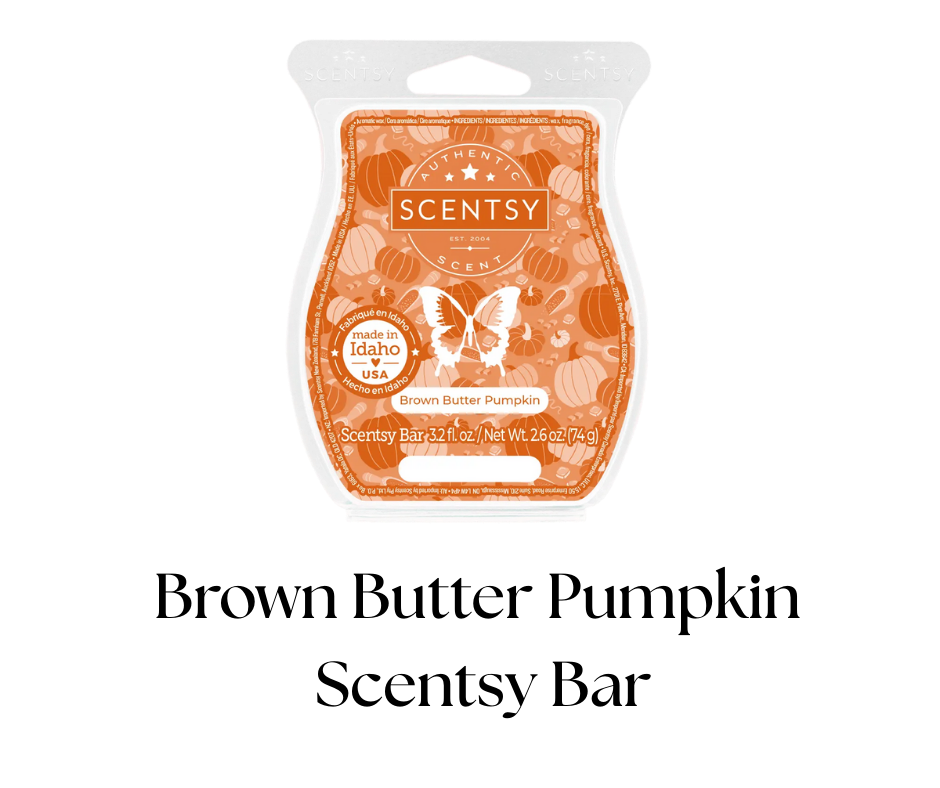 Scentsy Bar in Brown Butter Pumpkin scent, with an orange and white label featuring pumpkins, leaves, and a butterfly, made in Idaho USA