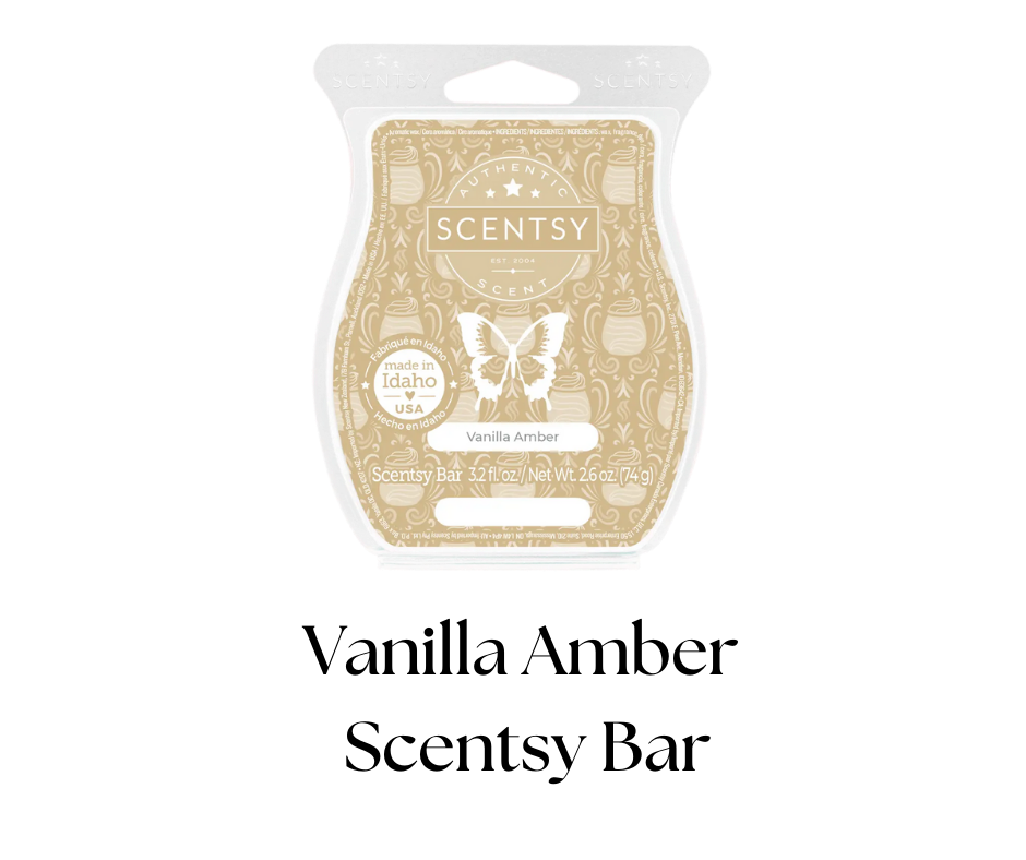 Scentsy vanilla amber scented wax bar in gold and white packaging with butterfly logo