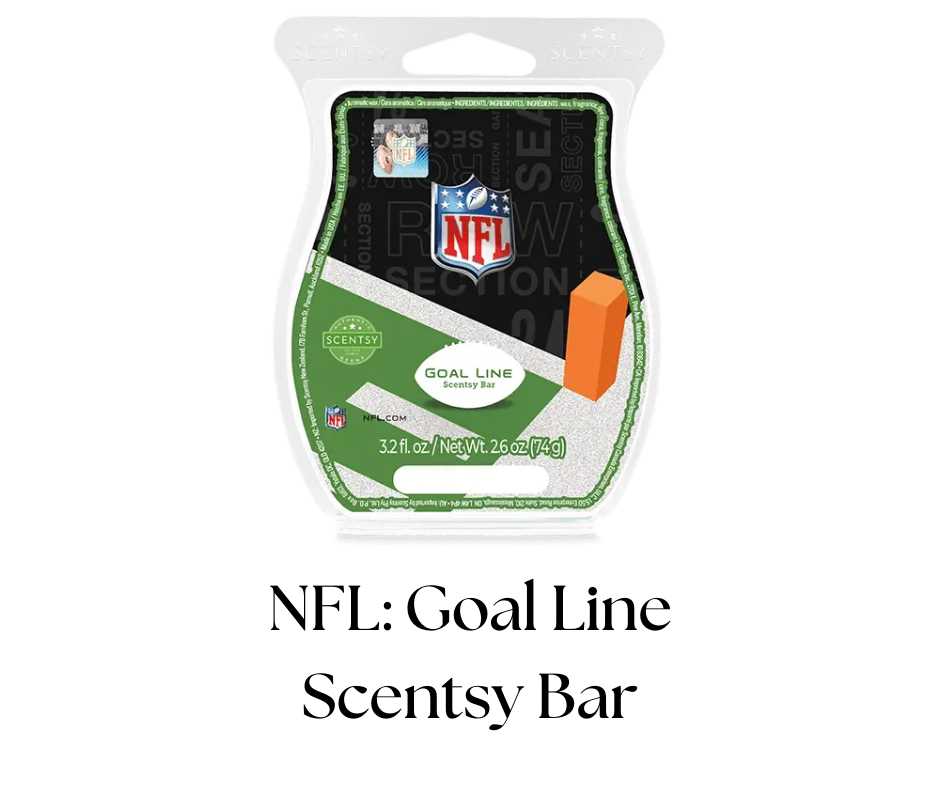 Scentsy bar packaging themed around NFL with a green field design, the NFL logo, a scoreboard with a tall orange bar, and a football.