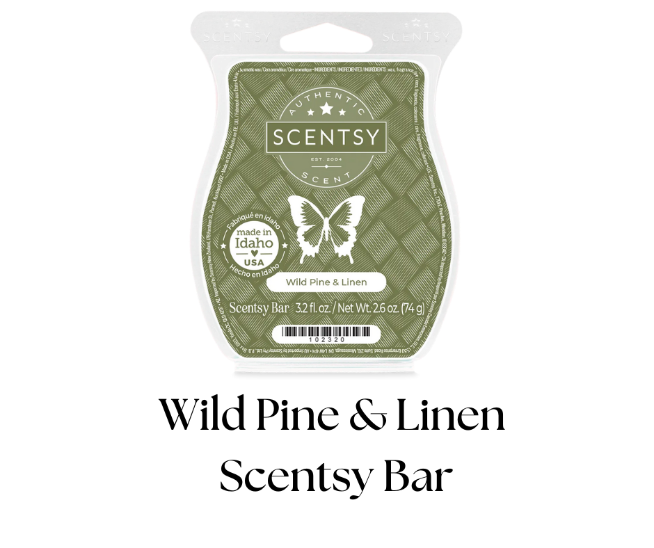 A scent packet labeled 'SCENTSY Authentic Scent' with a butterfly graphic, indicating the scent 'Wild Pine & Linen,' made in Idaho, USA, with net weight 2.6 ounces.