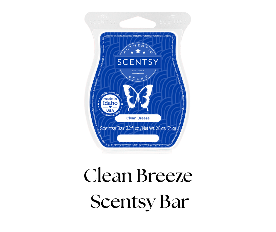 A blue and white Scentsy bar package labeled 'Clean Breeze,' with a butterfly logo, and stating it is made in Idaho, USA.
