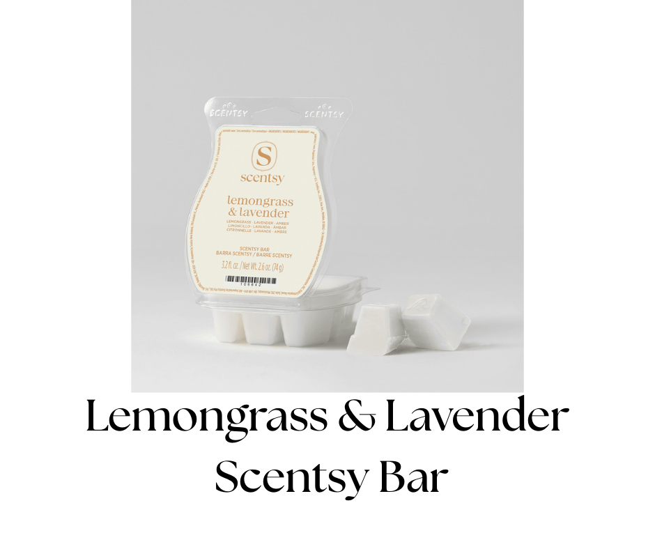 A package of Scentsy Lemongrass & Lavender scented wax melts with three loose wax cubes in front of it on a plain background.