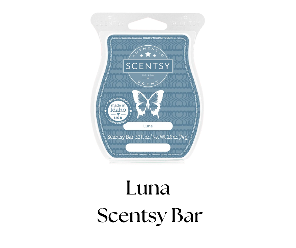 A blue and white Scentsy wax melt bar package with a butterfly illustration and the name Luna, made in Idaho, USA.