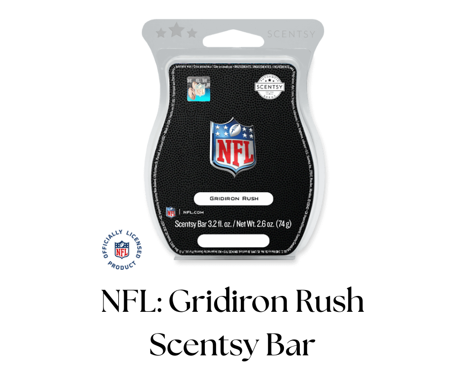 Scentsy bar with NFL branding, featuring the NFL logo and the scent name 'Gridiron Rush', in a black and silver package.