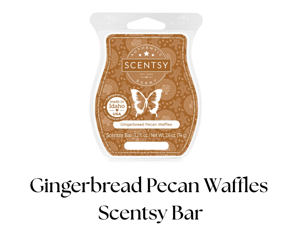 Scentsy Bar in Gingerbread Pecan Waffles scent, 3.2 fl oz, in beige and white packaging with a butterfly logo.
